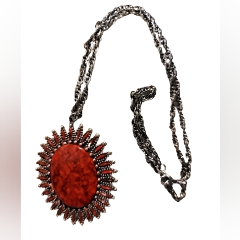 NECKLACE beautiful sun burst orange pendant and chain silver tone statement pc